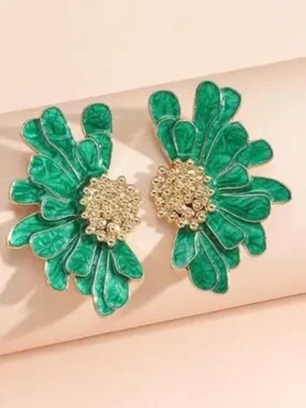 Anthropologie Emerald Green Floral Drop Earrings with Gold Tone Center